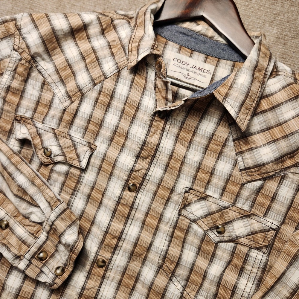 Cody James Western Shirt Mens Brown Tan Plaid Pearl Snap Long Sleeve